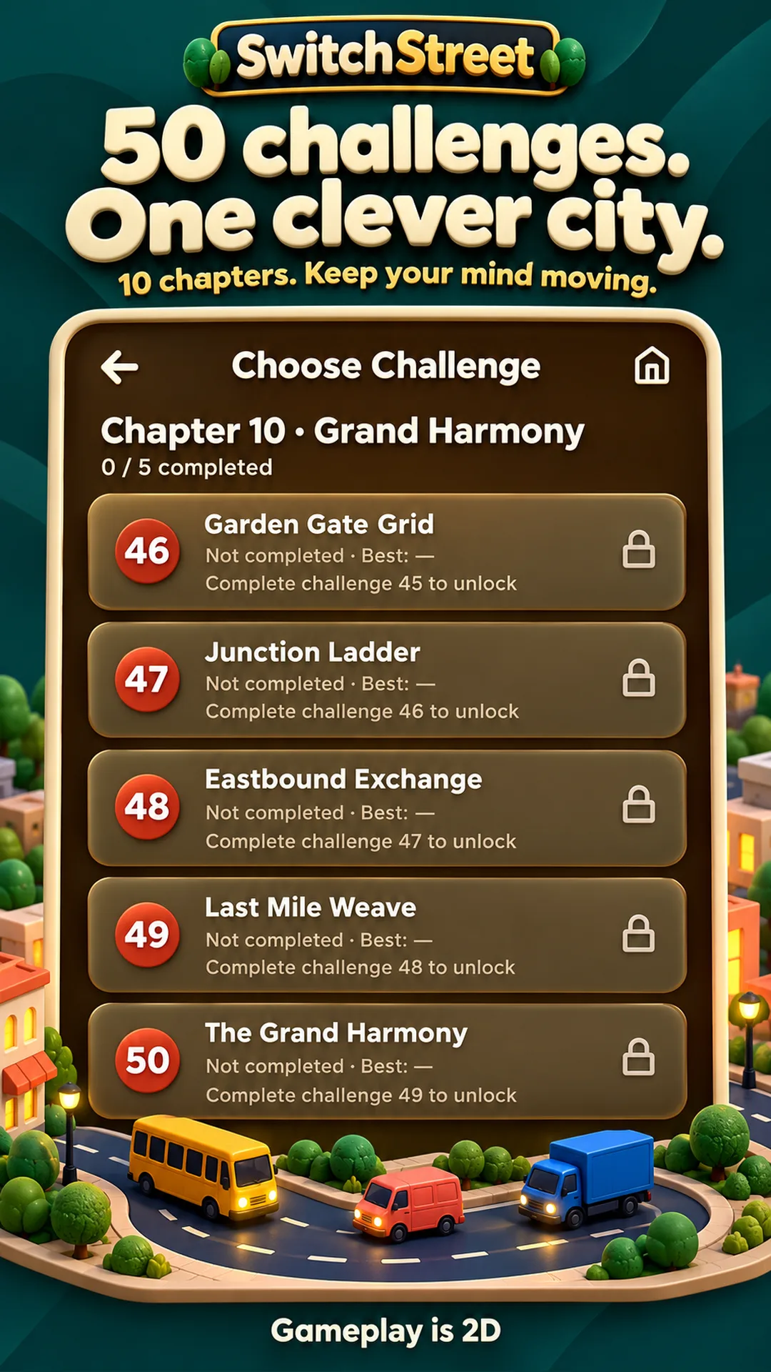 Promotional artwork: 50 challenges across 10 chapters