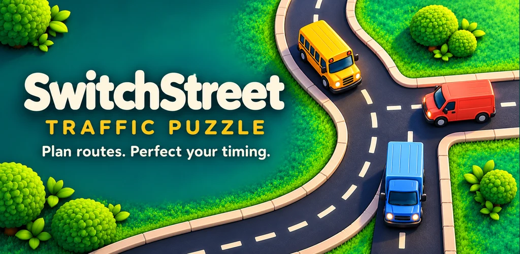 SwitchStreet: Traffic Puzzle feature artwork showing a small city with roads and vehicles